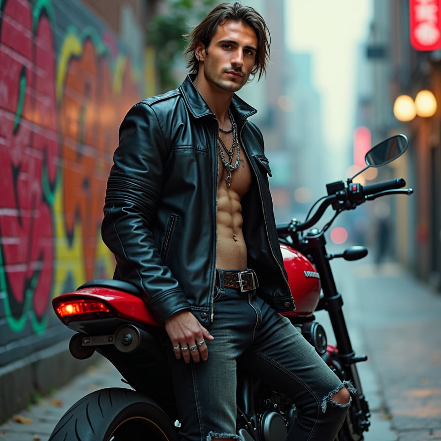 man wearing a sleek black leather jacket, paired with denim jeans and sturdy boots, posing confidently with a sports bike on the streets, under the warm glow of city lights, with a blurred background of urban landscape.