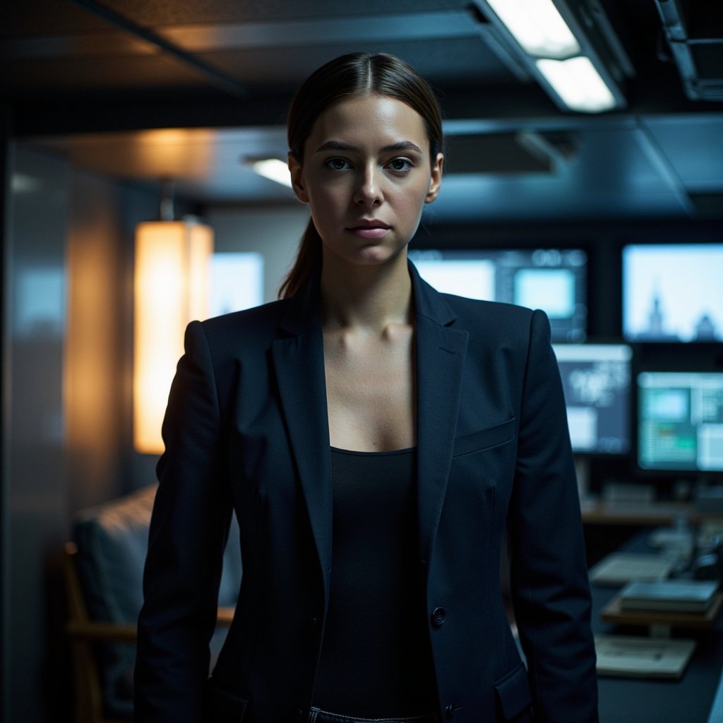 A cinematic thriller-style portrait of a woman (late 30s) inside a dark operations room, tight head-and-shoulders framing, camera at eye level with slight compression. Hair: tight low ponytail, clean edges. Face: realistic skin texture, faint under-eye lines, focused intense gaze straight into camera, lips neutral. Wardrobe: dark navy structured blazer, matte fabric with sharp folds, black inner top. Lighting: cool overhead key light creating controlled shadows under cheekbones, subtle rim light outlining head, faint monitor glow reflecting in eyes. Background: blurred dark walls with soft rectangular light shapes suggesting screens, no readable data. Camera: 85mm lens, f/2, shallow depth, cinematic contrast. Highly detailed, highly realistic, HDR quality, cinematic thriller tone, minimal background clutter.