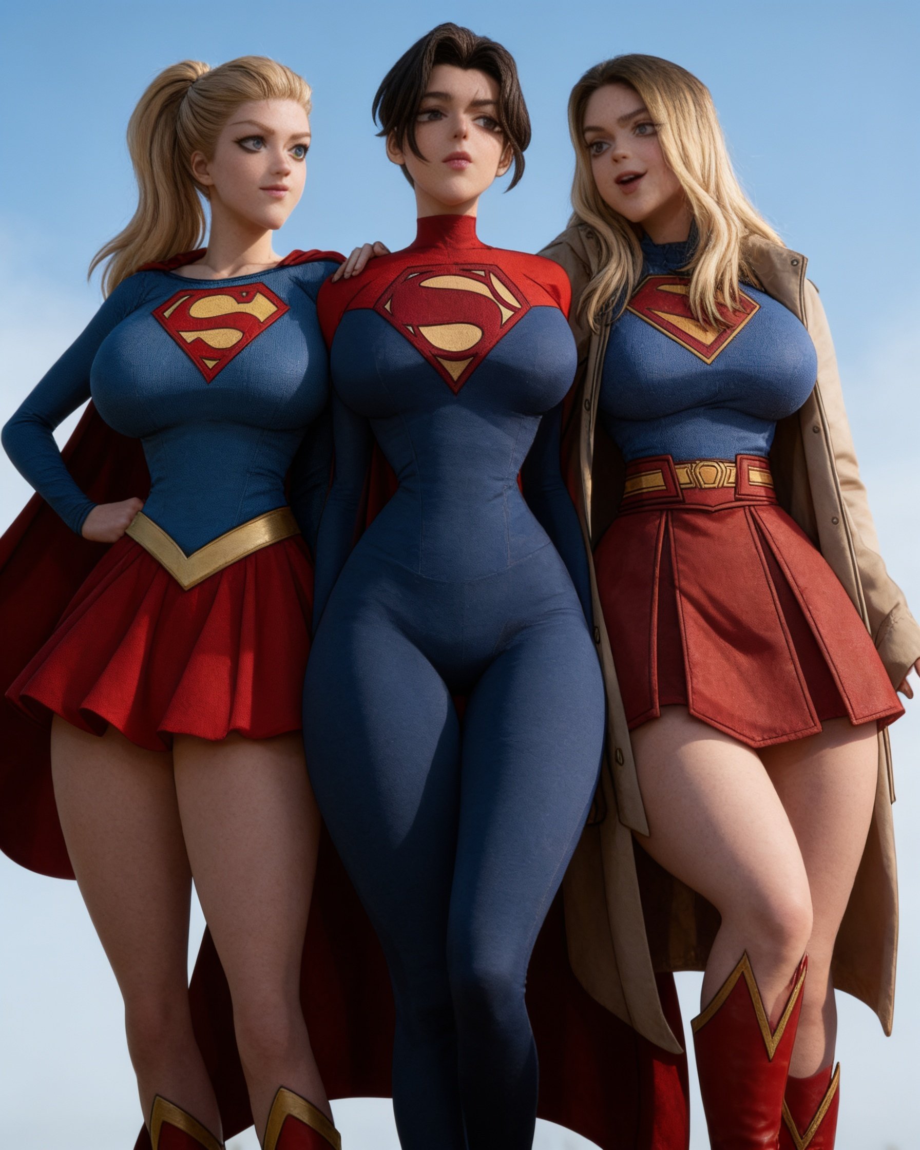 Transform this illustration into a photorealistic live-action 4K scene. Cast the left Supergirl as a clearly recognizable Sydney Sweeney, the centre Supergirl as a clearly recognizable Sadie Sink, and the right Supergirl as a clearly recognizable Kat Dennings.
Accurately reproduce each actress’s distinctive facial identity, face shape, eyes, eyebrows, nose, lips, jawline and natural appearance from general visual knowledge. Keep all three identities completely separate—no face blending, generic AI faces or resemblance mixing.
Use the uploaded illustration as the strict reference for their exact placement, poses, hairstyles, costumes, full-body silhouettes, upper-torso proportions, garment volume, fitted contours, necklines and overall composition. Do not flatten, compress or reduce any character’s illustrated silhouette. Preserve every costume’s original design, coverage, colours, emblems, capes, coat, belt, skirt, bodysuit and boots.
Render realistic adult human anatomy, natural skin texture, detailed hair, premium superhero fabrics and cinematic daylight. Keep all three women visible from head to boots in sharp, high-budget live-action 4K quality.