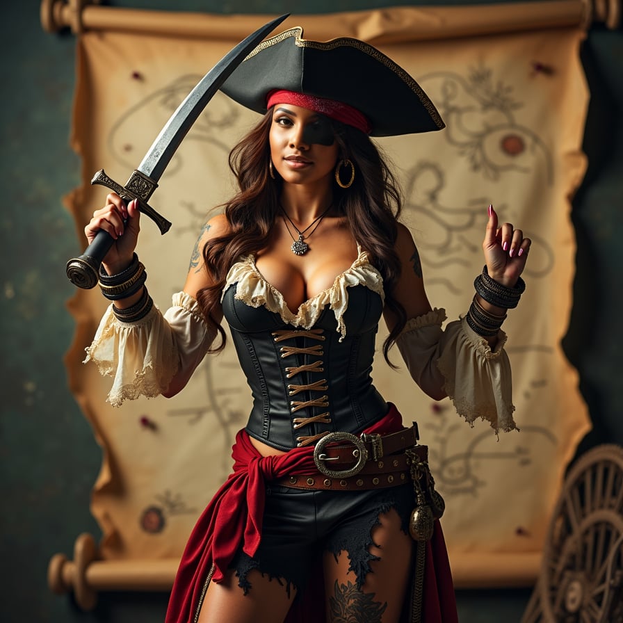 woman in a bold, provocative pirate costume, complete with a fitted corset, flowing pirate pants, and a bandana, posing seductively with a fake sword and a treasure map in the background, capturing the essence of swashbuckling adventure and pirate charm, dramatic lighting with a warm color tone, posing for a poster.