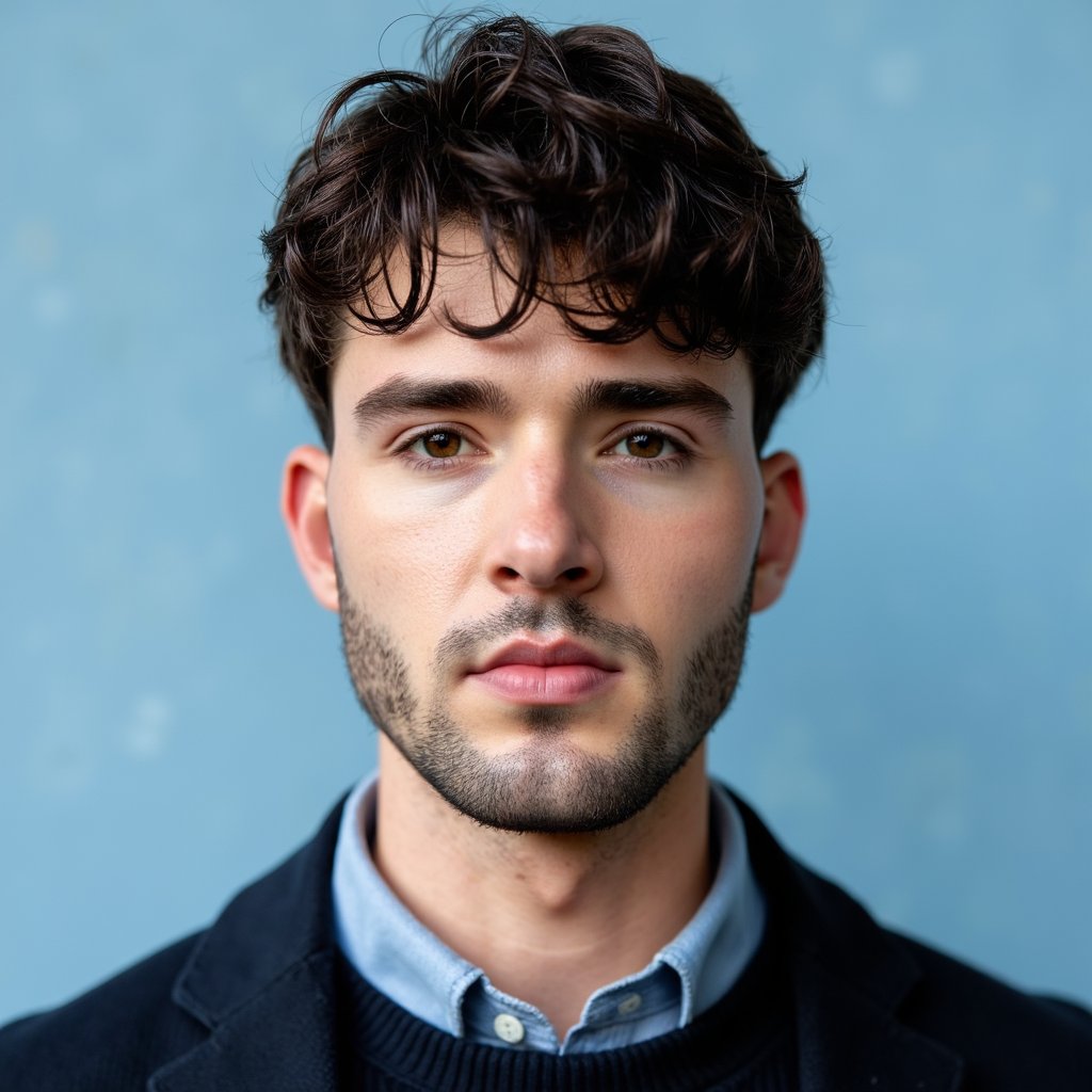 A highly detailed, highly realistic HDR passport-style portrait of a man in his late 20s. He has short, neatly tapered black hair and a trimmed, symmetric beard. He wears a dark navy crew-neck sweater made of fine wool, with visible knit texture. The camera is positioned very slightly above eye level, creating a clean and flattering angle while still retaining official passport compliance. Lighting is cool and even, softening pores while keeping textures sharp. Background is a cool matte light blue, perfectly uniform with no texture or distraction. His expression is neutral and composed. Minute details such as beard texture, sweater fibers, and balanced lighting across the face are crystal clear.