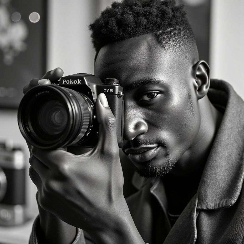 Classic black and white headshot of a focused photographer peering through the viewfinder, timeless expression, elegant lighting, World Photography Day concept