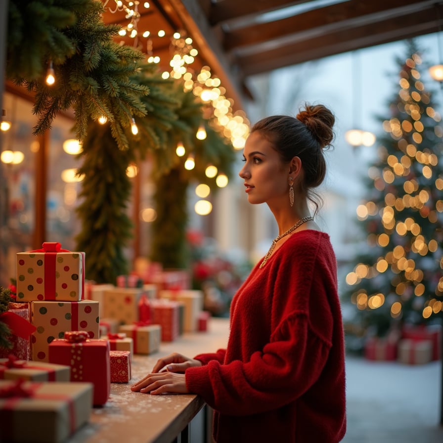 A cheerful winter marketplace. Twinkling lights and evergreen garlands still frame the space. Whether indoors or out, the atmosphere suggests discovery and the evolving spirit of post-holiday festivities.