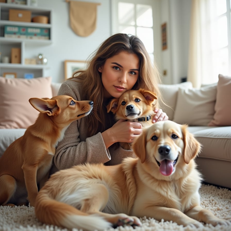 woman surrounded by playful furry friends, lovingly holding a cute puppy or kitten, in a cozy living room with natural light, soft pastel colors and minimalist decor