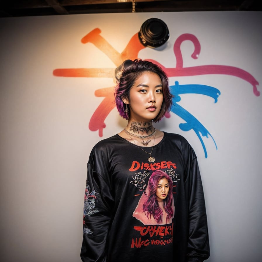 Punk style woman, graffiti alley, intricate details, noir vibe.