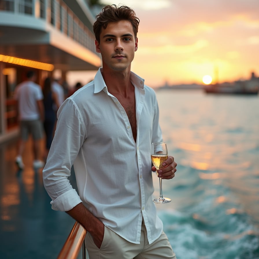 Exploring Ports: The model is dressed in a stylish yet practical outfit for exploring port destinations. he’s seen walking along the quay, interacting with locals, or shopping at a portside market, capturing the adventurous and chic side of cruise travel.