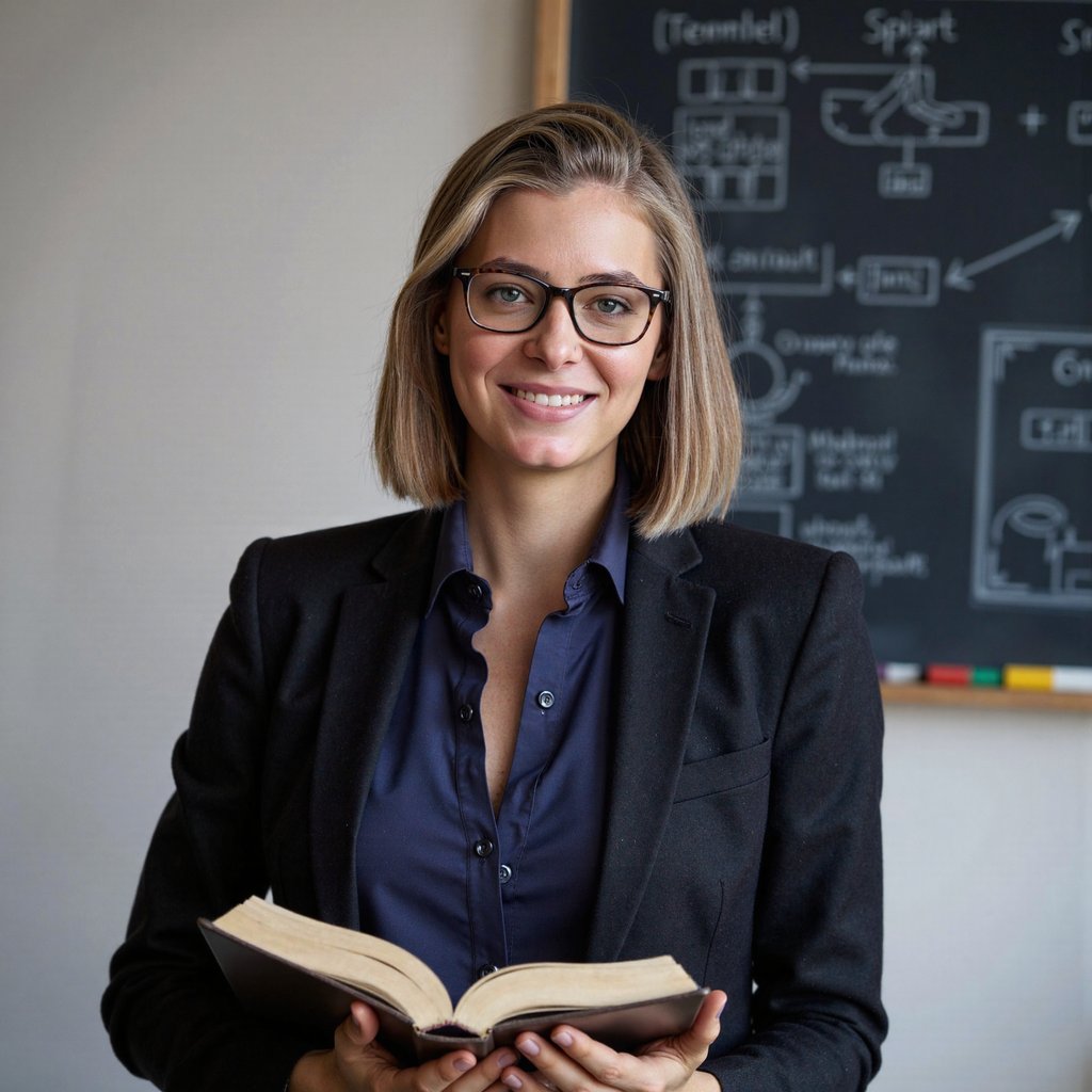 Highly realistic HDR portrait of a woman professor with salt-and-pepper bob hairstyle; dark wool blazer over a jewel-tone silk blouse; fine-rimmed glasses. Camera: 85mm lens, f/2.0, ISO 250, chest-up, shot from slightly below eye level for authority. Lighting: natural window daylight as key, subtle fill from white wall; shadow defines cheekbones and jawline. Pose: holding an open book at chest height, warm attentive smile. Background: blurred chalkboard with neat diagrams and a few colorful markers, minimal clutter.