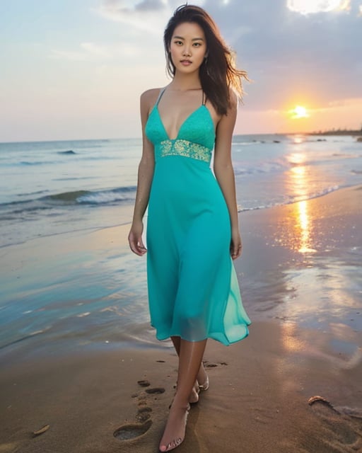 A young woman standing in a beach, wearing a vibrant green dress with intricate lace details, surrounded by blooming flowers under warm, golden afternoon lighting.