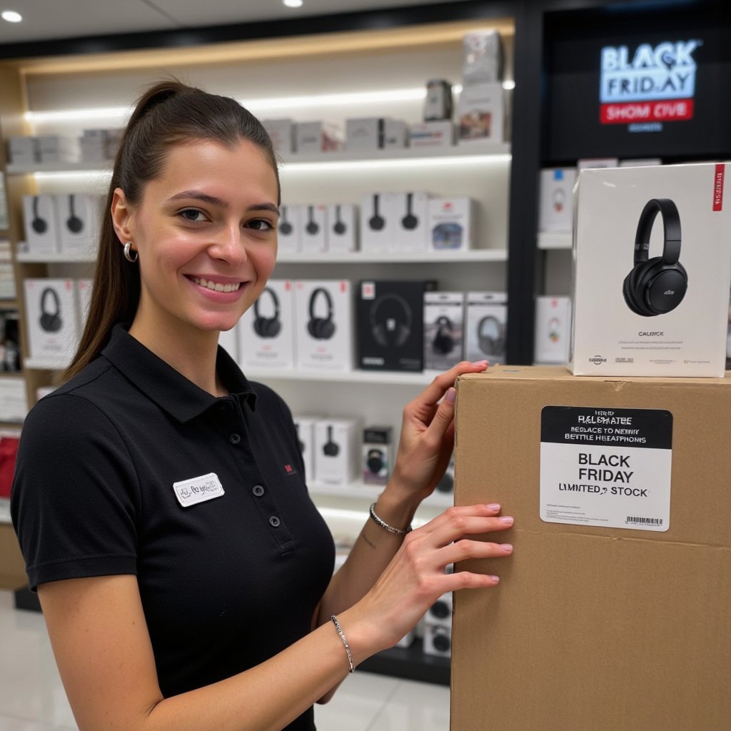 A friendly woman (female) waist-up in a sleek electronics store, standing beside an ordered wall of boxed headphones and a small “Black Friday – Limited Stock” placard. Hairstyle: high, neat ponytail; makeup: natural matte base, slight peach blush, soft pink lip. Attire: fitted black polo with subtle pique texture, embroidered name tag; slim silver bracelet. Pose: three-quarter toward camera, one hand lightly touching a box edge, relaxed smile; still. Camera: 85mm, f/1.8, eye-level. Lighting: large soft panel key from camera right, gentle overhead fill, micro speculars on packaging films. Background: blurred rows of products and price rails, clean shelf lines; minimal clutter. Material detail: cardboard fiber, shrink-wrap glare, polo knit grain, enamel badge shine. Highly detailed, highly realistic, HDR, high resolution.
