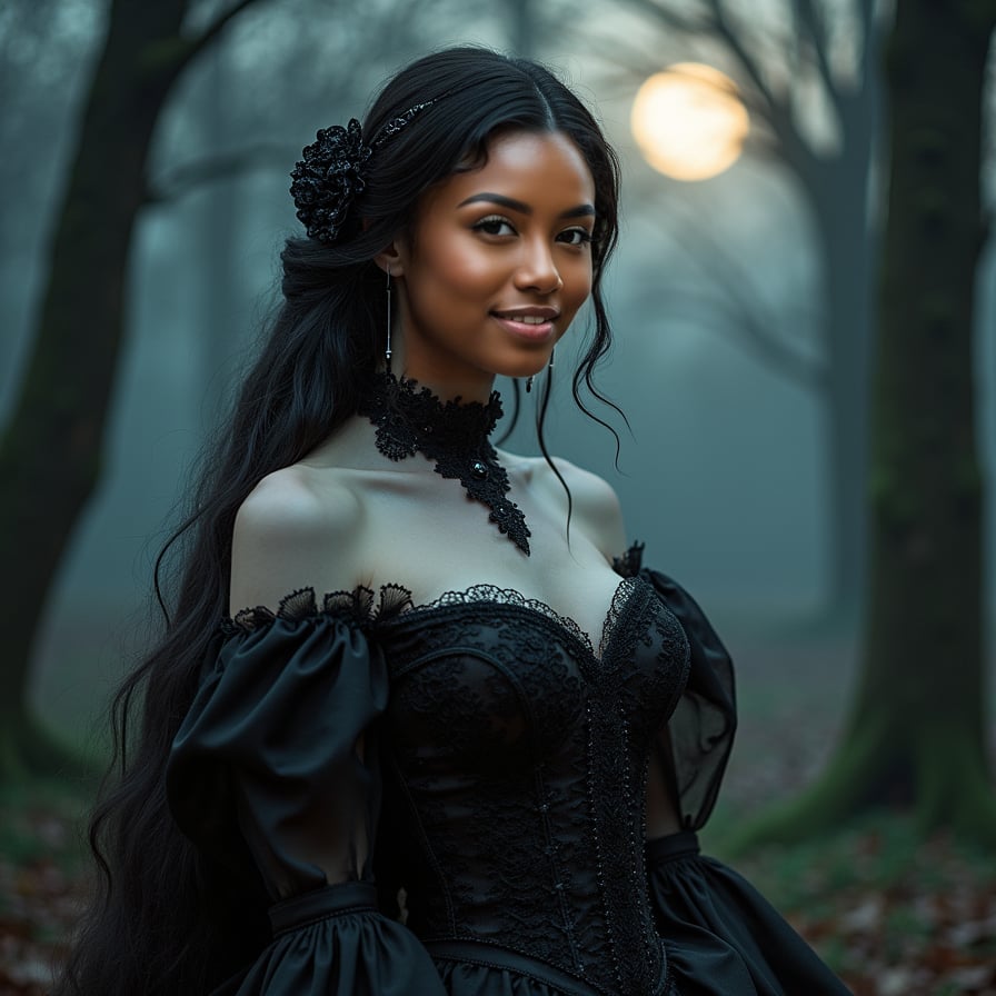 woman in luxurious Victorian-era inspired gown with intricate lace details, porcelain skin, dark eyeliner, posing in dimly lit, mysterious forest setting with subtle mist, under soft glow of full moon, romantic, eerie, mysterious, regal, refined.