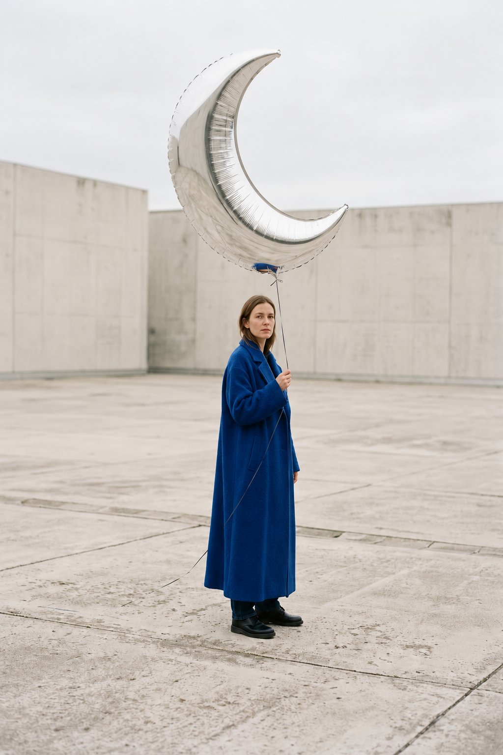 Full-body view of a woman in a cobalt coat holding an enormous silver crescent balloon in a
concrete
courtyard