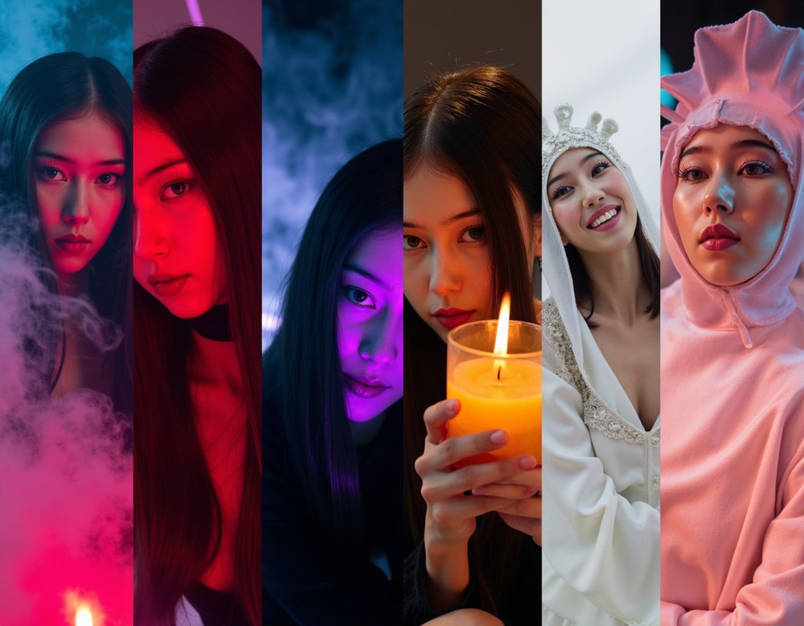 collage of 4 halloween ai portraits showing emotion diversity — (1) gothic woman in crimson mist with subtle tears, (2) futuristic vampire in neon purple glow, (3) victorian ghost smiling softly in candlelight, (4) dreamcore girl under pastel fog — cinematic lighting, cohesive moody tone, no text