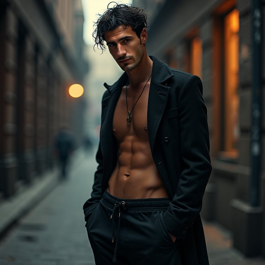 man with a strong artistic vibe. He is styled in dark, textured clothing, with dramatic lighting creating shadows and depth. The background is moody and urban, showcasing an air of mystery and creativity