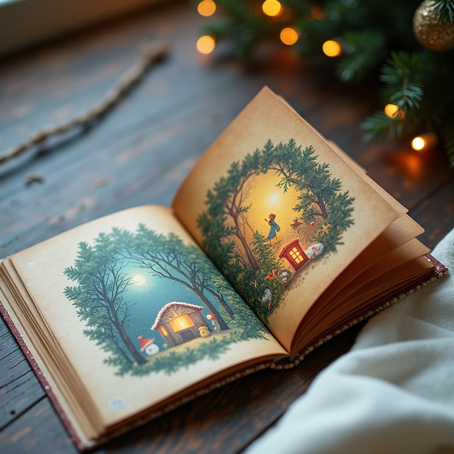 A small booklet lying on a table, its cover illustrated with a gentle holiday scene (maybe a whimsical forest or a candlelit window). Inside pages peek out, showing tiny vignettes, each telling a short, meaningful story."