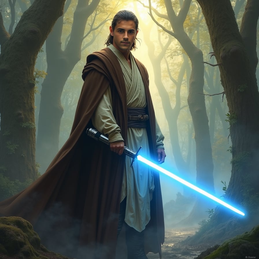 A male Jedi stands in a misty, ancient forest, facing the camera with a calm yet intense gaze. He holds a blue lightsaber, its glow illuminating his face and the surrounding fog, giving him a mystical, resolute look.
