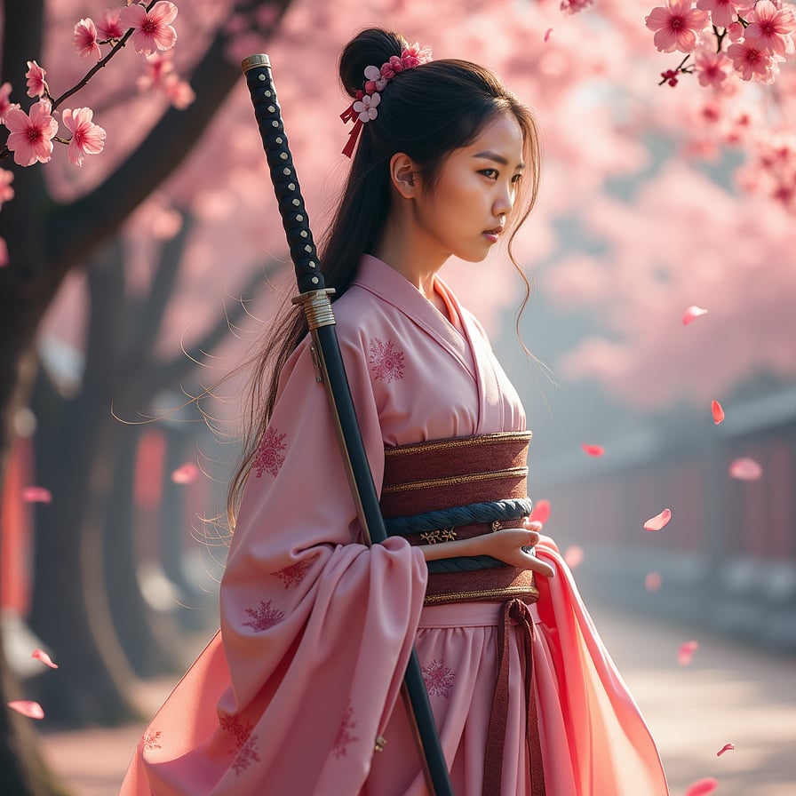 A fierce female samurai, dressed in ornate armor, stands beneath a sakura tree in full bloom. Her katana rests on her shoulder, and pink petals swirl around her as she gazes into the distance with a determined expression.