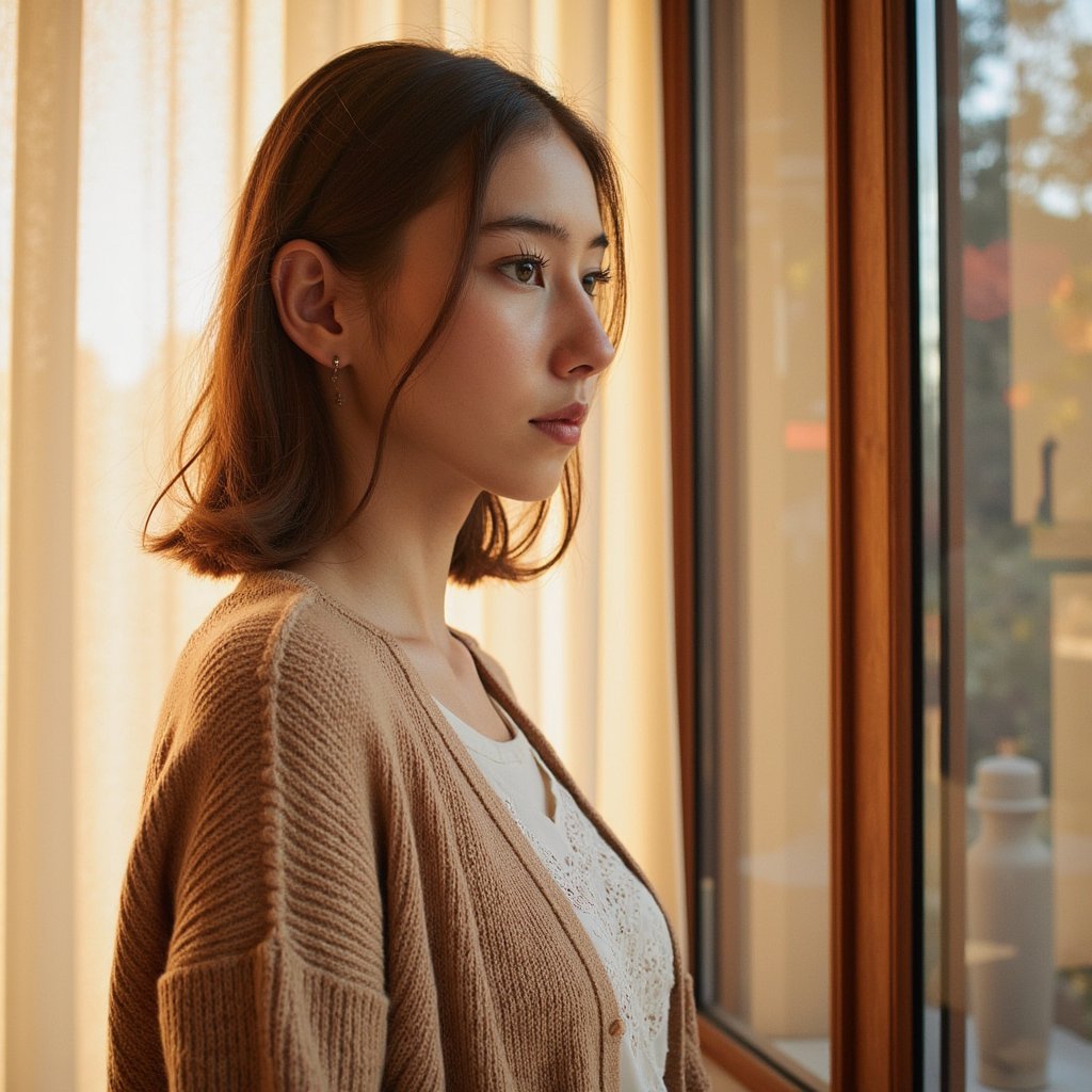 Highly realistic, highly detailed, hyperrealistic HDR portrait of a woman (female, ~32 yrs) standing waist-up beside a tall window as afternoon sunlight streams through sheer curtains. She wears a soft camel-colored knit cardigan layered over an ivory blouse with delicate lace detailing at the neckline. Hair shoulder-length, auburn with subtle waves, tucked behind one ear. Camera positioned slightly from the side (~30° angle), focus on her profile as she gazes out the window thoughtfully. The golden light outlines her face and highlights stray hair strands. Background softly blurred — suggestion of autumn trees through the glass, faint wood trim. Visible fabric threads, soft facial texture, gentle highlights on cheekbones. Warm, reflective Thanksgiving tone. HDR, high resolution, high quality, highly detailed, photorealistic.