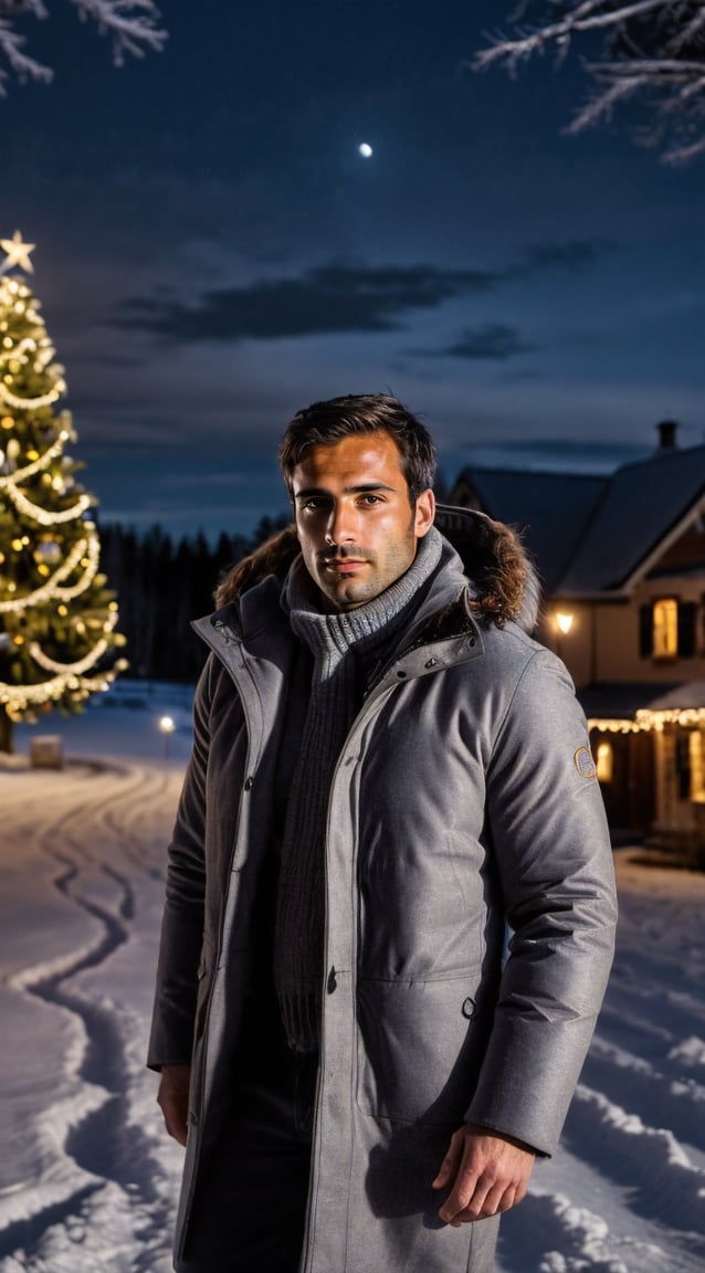 Man in a thick, winter coat, warmly lit by festive lights, Christmas tree in the background, moonlit snow, dark black sky, magical winter wonderland atmosphere