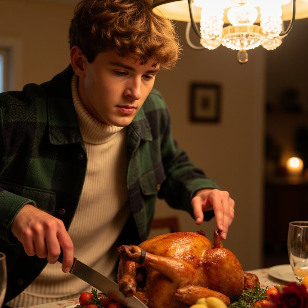 Highly realistic, highly detailed, hyperrealistic HDR waist-up image of a man (male, ~38 yrs) at a Thanksgiving dinner table, mid-action carving a roast turkey. He wears a forest-green flannel shirt with sleeves casually rolled up, soft golden light from a chandelier above illuminating his face. Camera angle ~15° above eye level, focus on expression and hands; background softly blurred — faint glow of candles, wood tones, and warm autumn décor. Fine details: glint of carving knife, sheen of roasted turkey, skin texture, fabric fibers. Mood calm, familial, cinematic. HDR, high resolution, high quality, highly detailed, photorealistic.