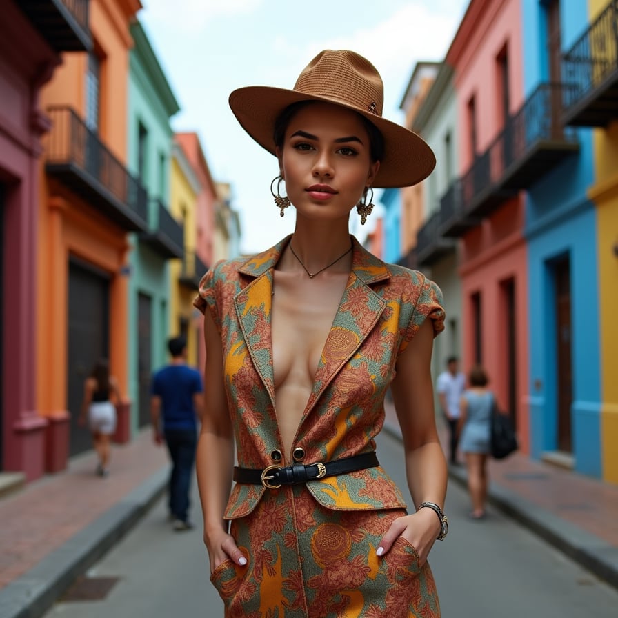 woman amidst bustling city life, wearing trendy outfit and statement accessories, against a backdrop of vibrant urban scenery