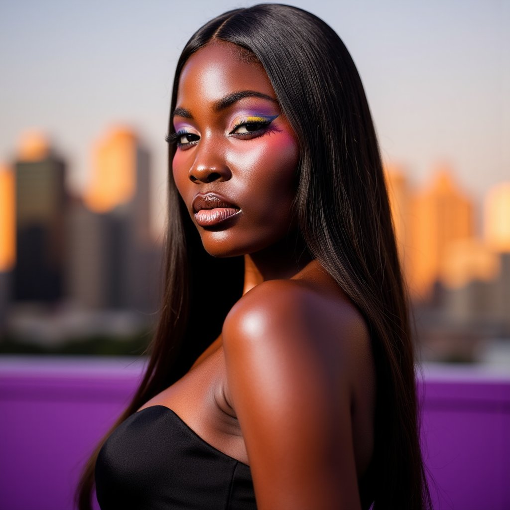 woman with long, sleek, straight hair framing her face. Her makeup features striking rainbow eyeliner, glossy nude lips, and a dewy foundation that leaves her skin with a visible glow. She maintains a calm expression with a direct gaze, looking straight into the camera. The background is a solid pop purple, enhancing the vibrant colors of her makeup. The lighting is even studio lighting, casting soft shadows that highlight the crisp rendering of her hair strands.