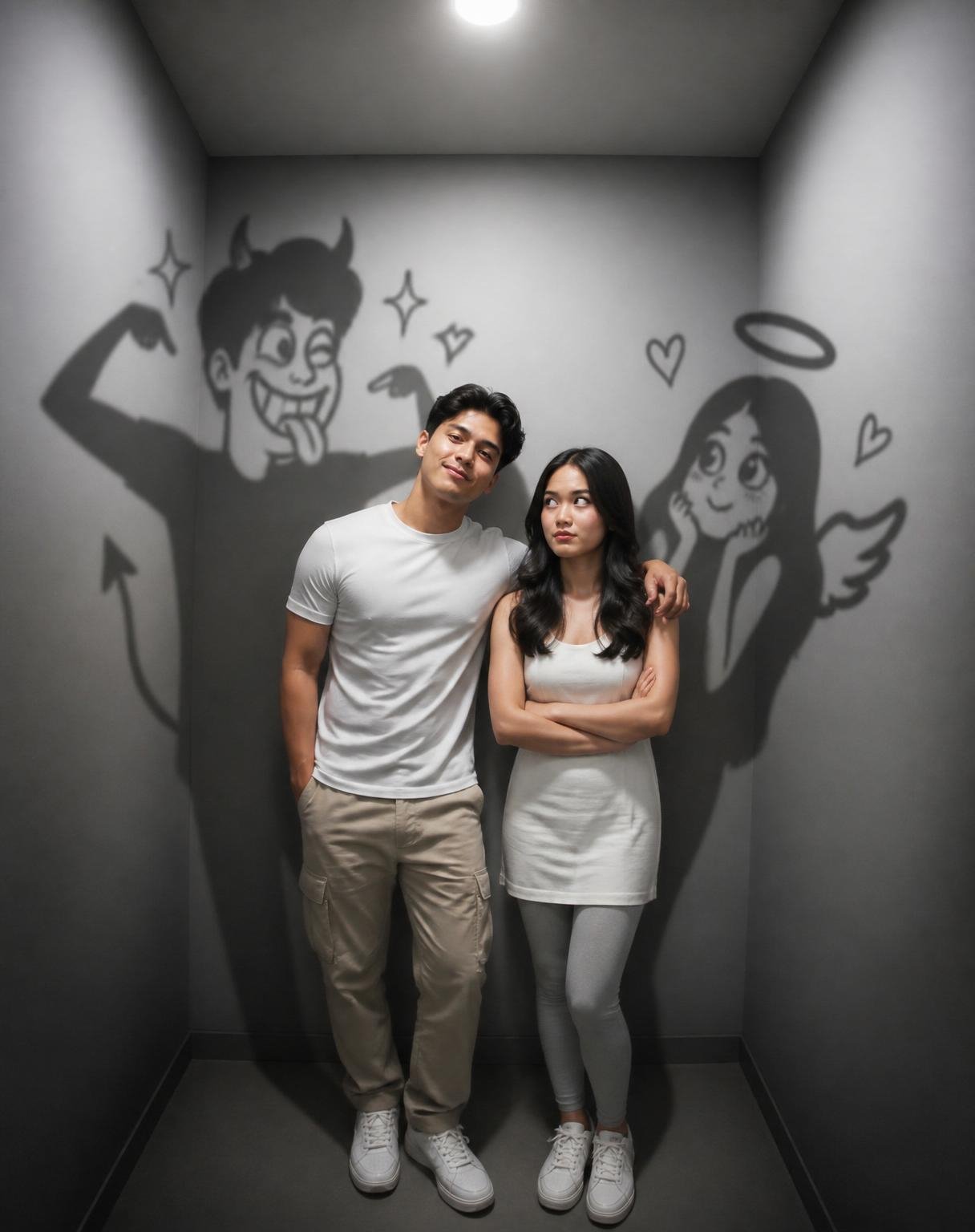 A mischievous doodle shadow mimics the couple characters with exaggerated funny poses while they stands still wearing modern trendy clothes. The shadow appears hand-drawn, playful, and full of personalities, creating a humorous contrast with the calm subjects. Man wears a fashionable fitted T-shirts, cargo pants, and sneakers and women wears fitted very short sleeveless kurti, fitted legging, and sneakers. Facial expression is confused, as if she has no idea what the shadow is doing. Cinematic lighting, ultra-detailed, realistic textures, clean composition, high contrast,8K quality. Faces and bodies exactly same as uploaded images.