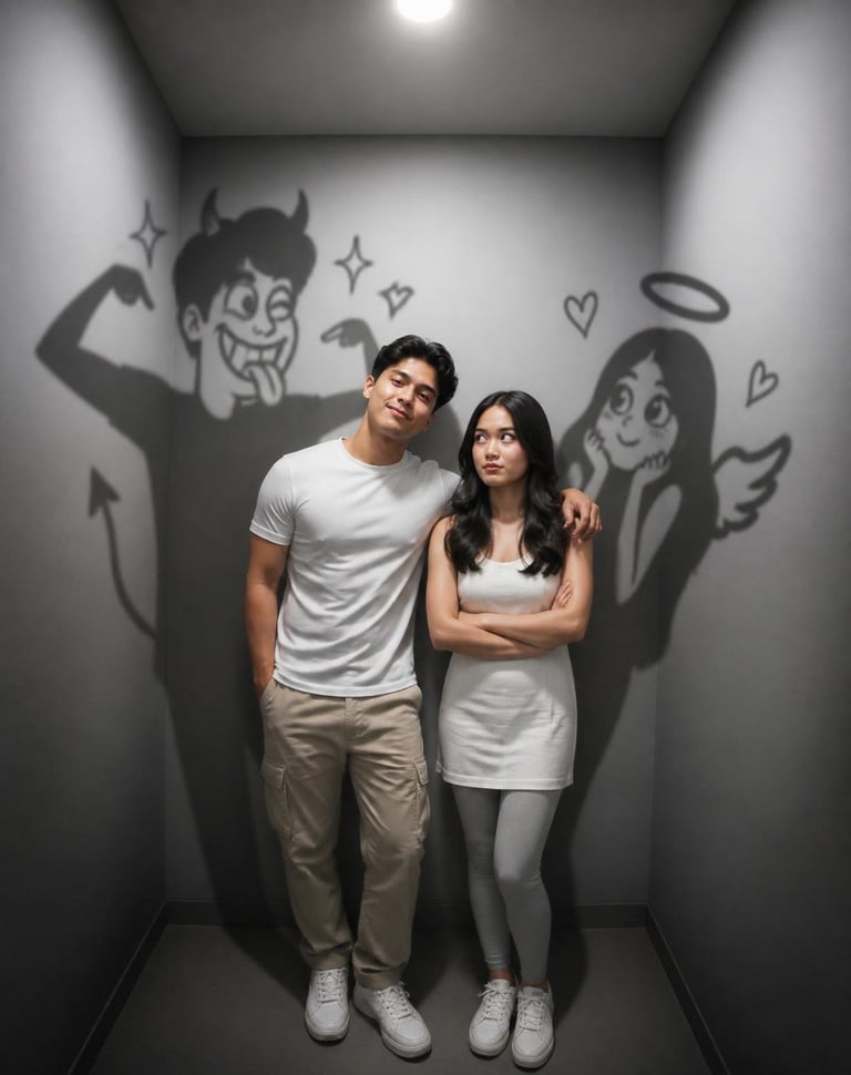 A mischievous doodle shadow mimics the couple characters with exaggerated funny 