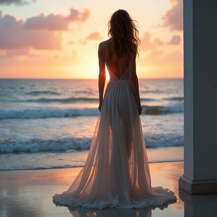 woman wearing flowing, sheer dress, tousled hair, facing ocean at sunset on a pristine beach, radiating relaxed yet glamorous aura