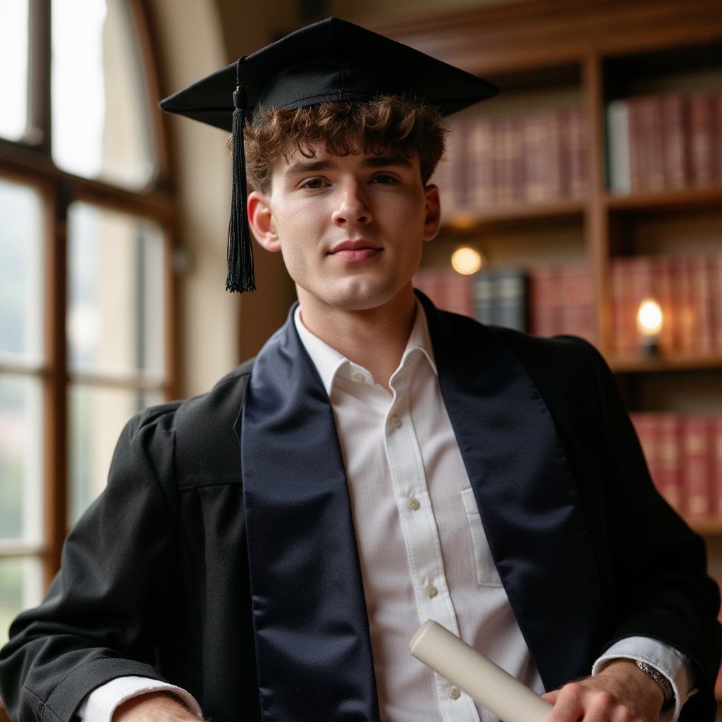 Waist-up portrait of a man graduate leaning lightly against a library table (hands out of frame), wearing a pressed white dress shirt beneath a black gown, navy stole with embroidered edge, mortarboard slightly angled; short side-part hairstyle, neatly groomed stubble; composed expression with a small closed-lip smile; camera at chest height for a subtle upward perspective; 50mm lens, f/2, Rembrandt lighting from a tall mullioned window to camera-left, soft negative fill on the right; background is blurred wooden bookshelves and warm tungsten sconces, giving a scholarly atmosphere; cloth details: fine weave of the gown, subtle threading on the tassel, crisp button placket; minimal clutter, controlled highlights, rich wood tones, highly detailed, highly realistic, HDR look.