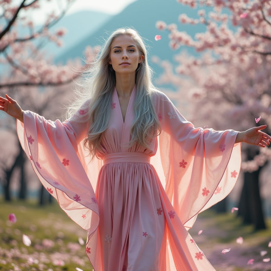 A woman with long, silver hair stands on a hill covered in cherry blossoms, her arms outstretched as the wind lifts the petals into the sky. Her flowing gown blends with the sea of pink, creating a mesmerizing, almost surreal scene.
