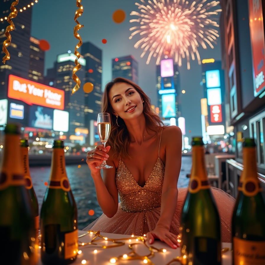 A woman captured mid-laugh, facing the camera while holding a glass of champagne. She’s dressed in a stunning party gown, with confetti falling around her. Behind her, golden streamers and a digital countdown timer add to the celebratory atmosphere
