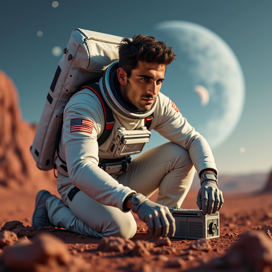 man in white astronaut suit with utility pockets and metallic accents, no helmet, bending over to tinker with spaceship, surrounded by Martian terrain with craters, rocks, distant parked spaceship, under starry night sky with Mars, Jupiter visible, soft moonlight glow, subtle shadows on suit's textured fabric, intense focus on determined face, against warm rust-red Martian landscape.