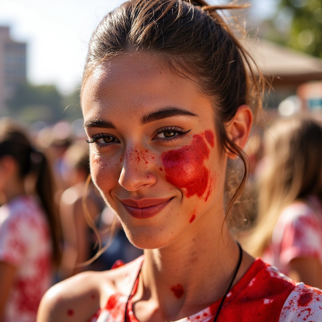 Headshot of a playful woman winking with tomato sauce smeared across one cheek, messy ponytail, red-stained festival shirt, pure La Tomatina joy