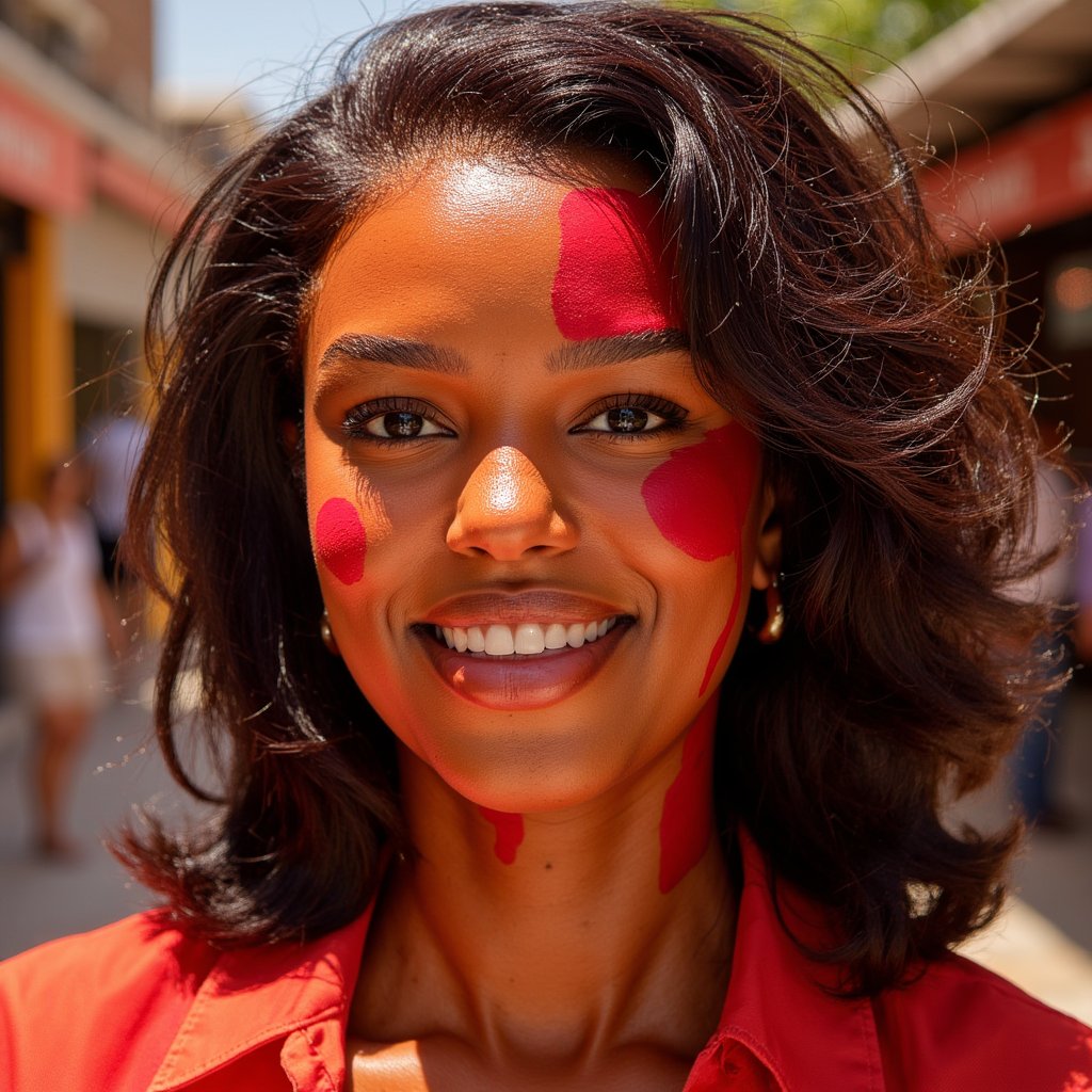 woman with a joyful, free-spirited expression, her face and clothing covered in bursts of tomato red. Her presence feels expressive and radiant, with sunlight adding warmth and clarity to every detail. The background is softly blurred, with hints of festive color in the air. Lighting is clean and natural, capturing glistening wet textures and rich saturation. Hyper-detailed, sharp focus, bold colors, lively emotion.