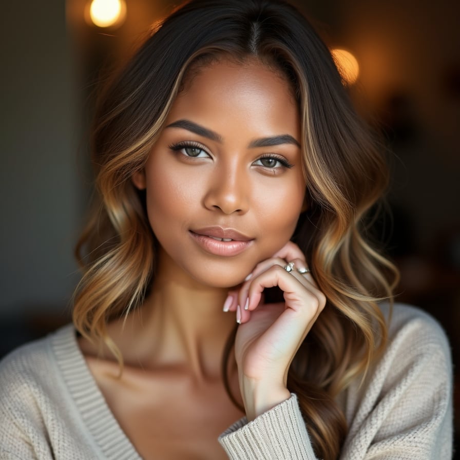 woman designed for a high-impact dating profile. She is styled in elegant yet casual attire, with subtle jewelry adding a touch of sophistication. The backdrop is neutral or softly blurred, with lighting that accentuates her features, creating a captivating image