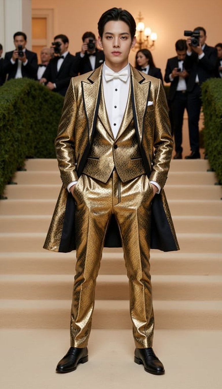 Background: actual 2026 Met Gala setting at the Metropolitan Museum of Art, gran