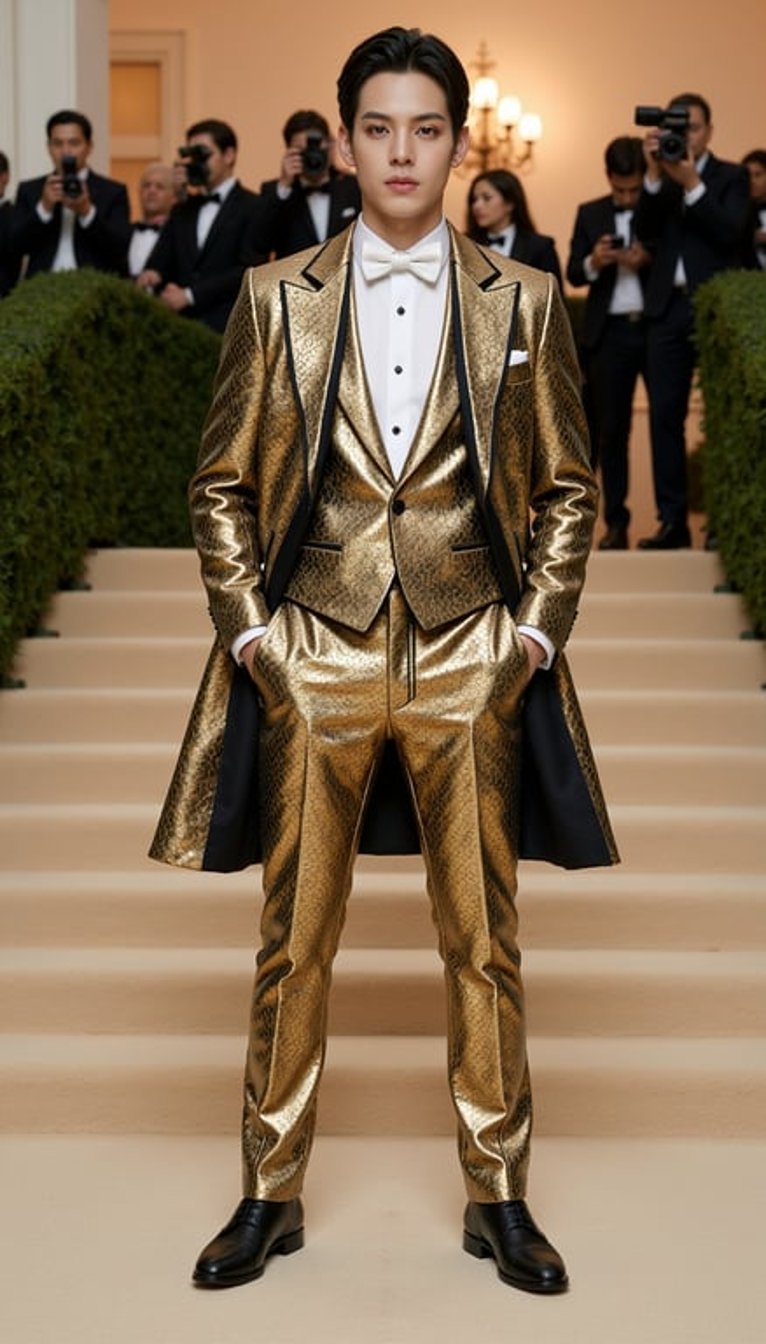 Background: actual 2026 Met Gala setting at the Metropolitan Museum of Art, grand stone steps, tan stone-garden carpet with moss-green patches, soft wisteria floral framing, polished marble, warm evening gala lighting, subtle photographers blurred in the background.
Model: fictional male model wearing a mosaic-inspired couture coat-suit with jewel-toned gold paneling, tesserae-like embellishments, a long embellished mantle, and structured trousers; standing front-facing with hands relaxed at the sides, giving a calm imperial presence.
Camera: frontal full-body shot with a slight upward tilt, rich luxurious editorial finish.