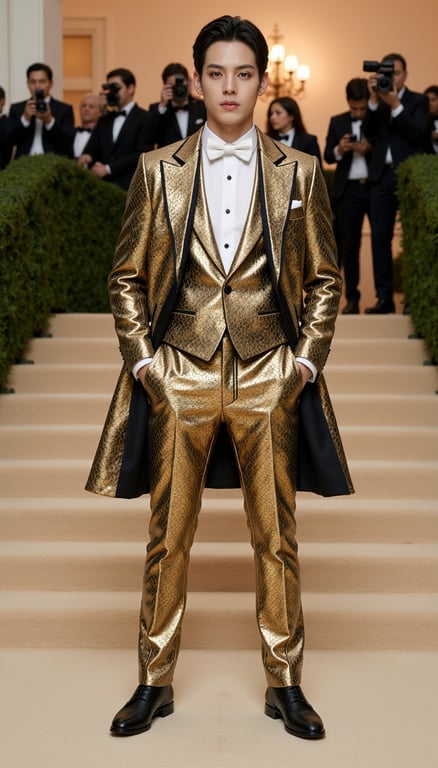 Background: actual 2026 Met Gala setting at the Metropolitan Museum of Art, gran