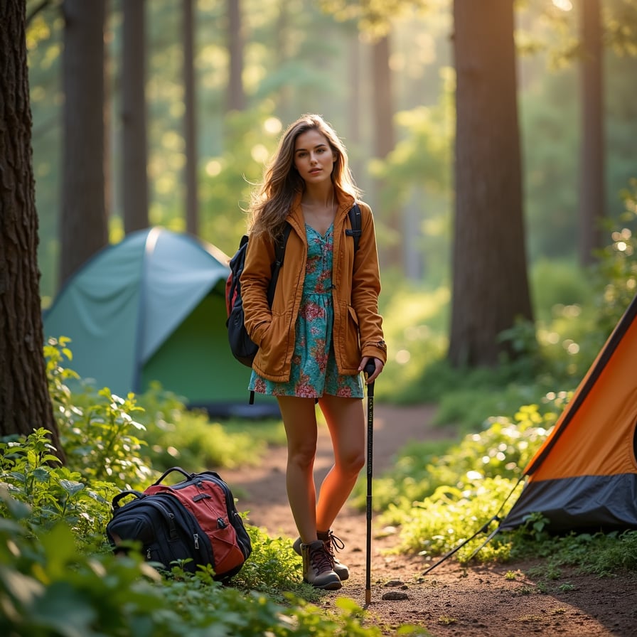 woman wearing outdoor gear, including a fleece jacket and hiking boots, standing amidst a serene forest landscape, surrounded by tall trees and lush greenery, with a camping tent and backpack nearby, posing with a walking stick and a sense of adventure.