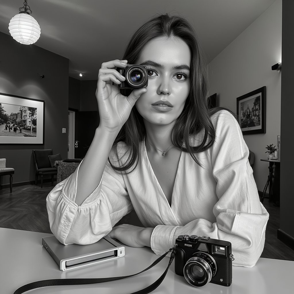 Classic black and white headshot of a focused photographer peering through the viewfinder, timeless expression, elegant lighting, World Photography Day concept