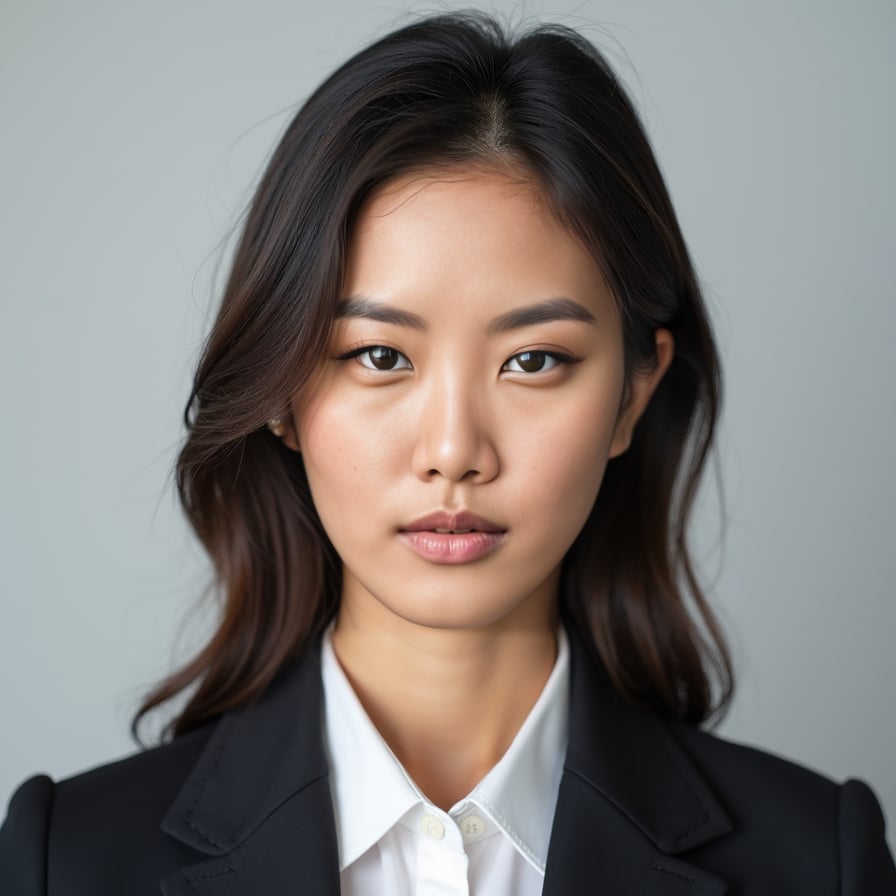 A passport-size photo of a professionally dressed individual, wearing a collared shirt and blazer. The background is plain light gray, the subject is centered and looking directly at the camera with a neutral expression. Lighting is balanced with no shadows or reflections