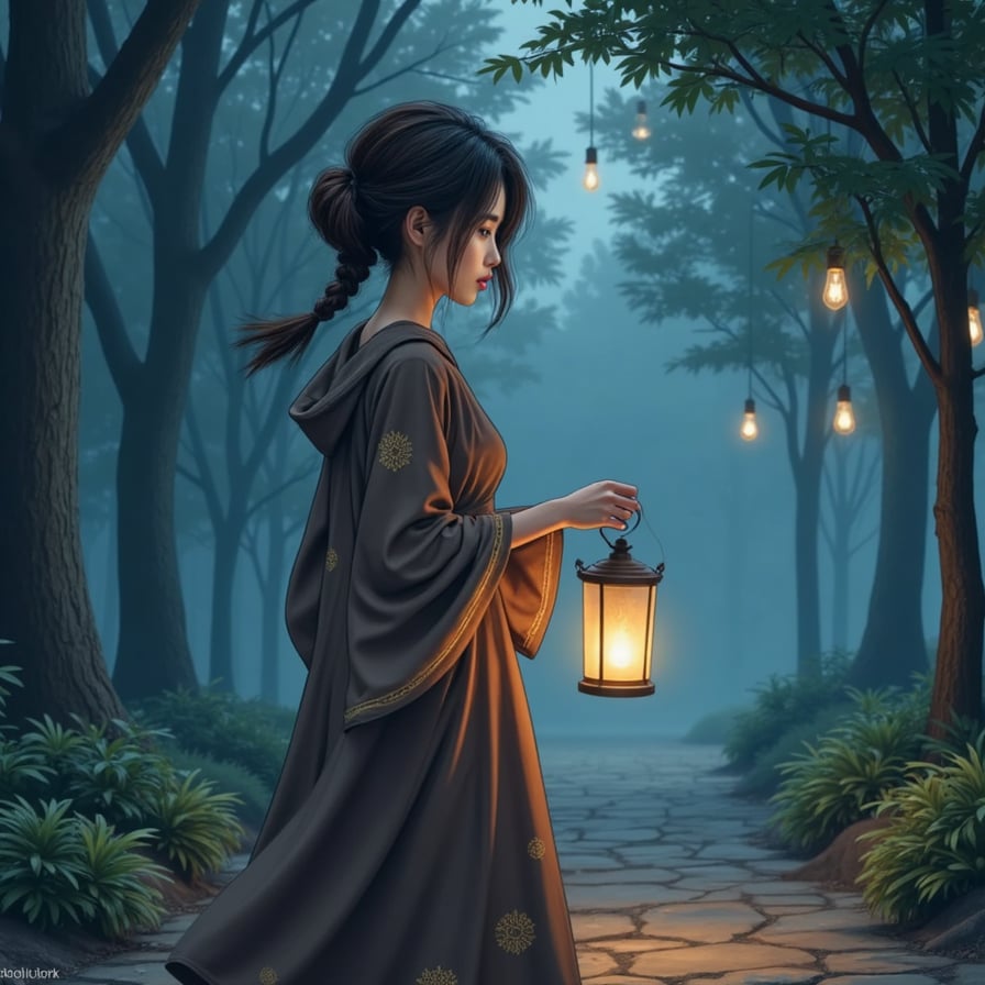 A mysterious woman with long, dark hair tied in a loose braid, dressed in a flowing robe embroidered with golden patterns. She walks through a misty forest at night, carrying a glowing paper lantern that guides lost souls home.