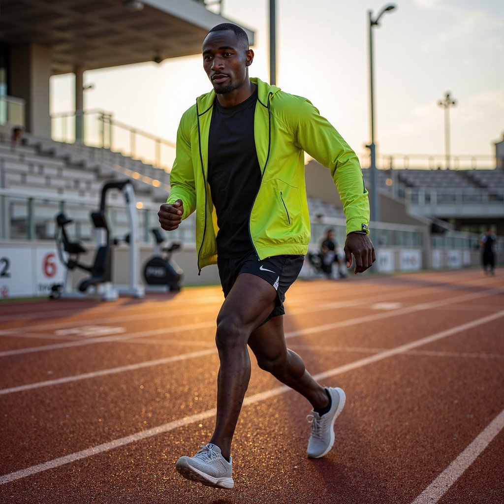 Man sprinting on a red tartan track at sunrise, breath visible in cool air; short fade haircut, slight stubble, intense forward focus; neon windbreaker half-unzipped over a compression tee, running tights layered with lightweight split shorts, knit mesh running shoes; dynamic panning shot at hip height to emphasize speed, 50mm, f/2.8, 1/60, ISO 200 with controlled subject sharpness and motion-blurred background; golden hour backlight with warm rim on shoulders and cool ambient fill from the sky; stadium bleachers and lane numbers softly blurred, minimal clutter; fabric wrinkles and reflective piping on windbreaker clearly rendered; highly detailed, highly realistic, HDR