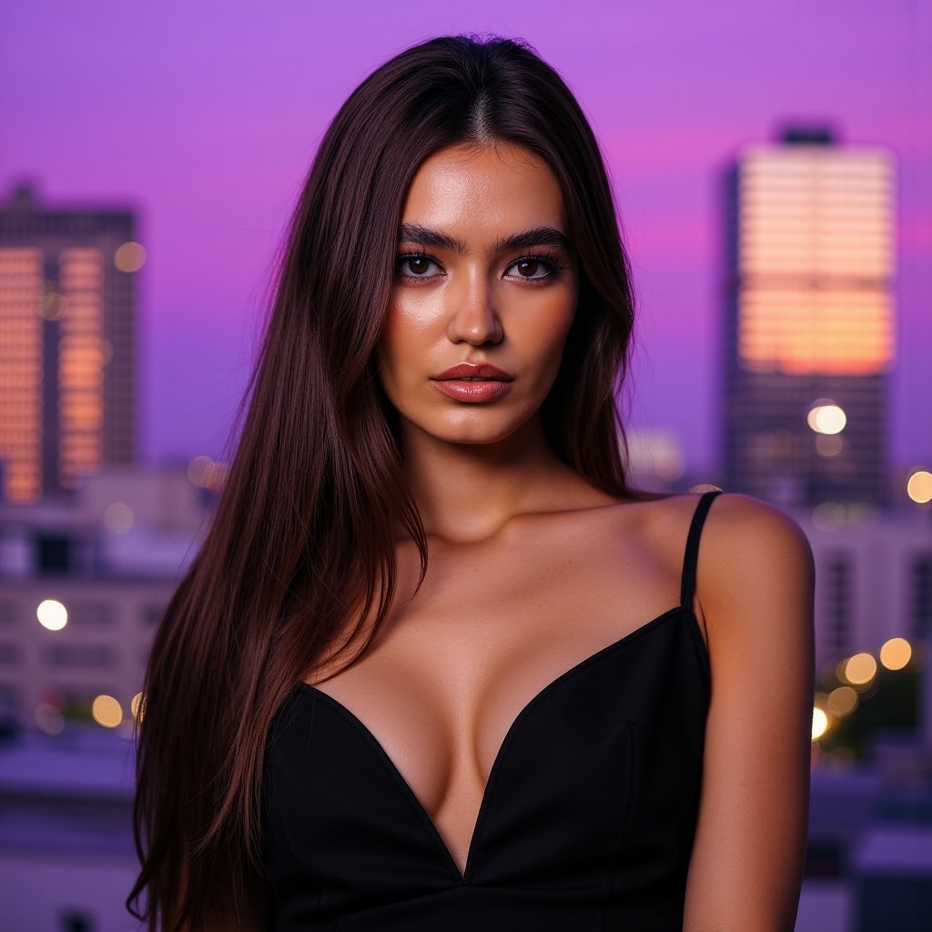 woman with long, sleek, straight hair framing her face. Her makeup features striking rainbow eyeliner, glossy nude lips, and a dewy foundation that leaves her skin with a visible glow. She maintains a calm expression with a direct gaze, looking straight into the camera. The background is a solid pop purple, enhancing the vibrant colors of her makeup. The lighting is even studio lighting, casting soft shadows that highlight the crisp rendering of her hair strands.