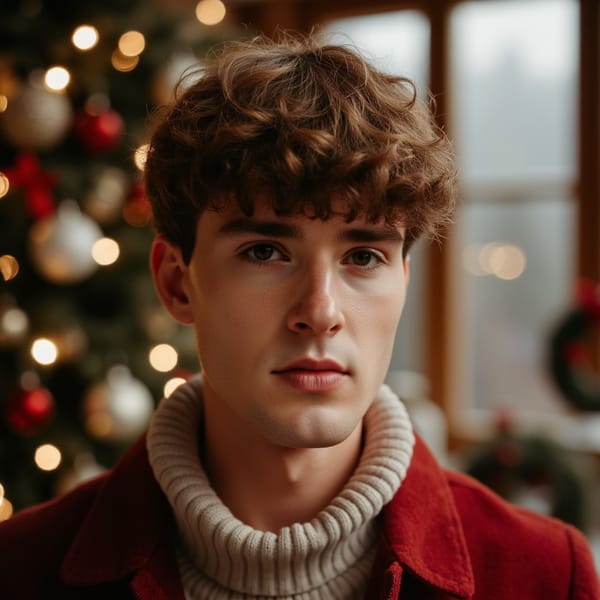 man in cozy winter outfit with a subtle festive touch, standing in a warm indoor Christmas setting with seasonal decorations. gentle warm light, soft background bokeh, clear focus on the face, creating a classic Christmas portrait vibe. HDR, high resolution, highly detailed