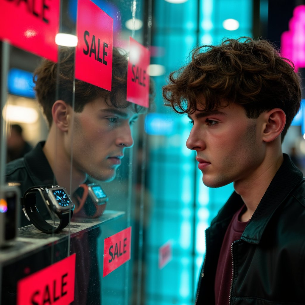 A man (male) close headshot inside an urban outlet, reflected in the glass of a display case showing gadgets and watches with red SALE tags. Hairstyle: side-swept undercut, slightly tousled; grooming: light 2-day beard. Attire: black bomber jacket with nylon sheen and ribbed collar, dark maroon tee visible at neckline. Pose: chin tilted slightly down, focused gaze at reflection; composed, no smile. Camera: 100mm macro-style head crop, eye-level, focus on reflected face. Lighting: magenta and teal neon streaks across face and glass; deep shadows for contrast. Background: abstract neon bokeh of SALE signs; reflective textures only, no clutter. Texture detail: glass smudges, nylon fibers, neon glow edges, subtle stubble. Highly detailed, highly realistic, HDR, high resolution.