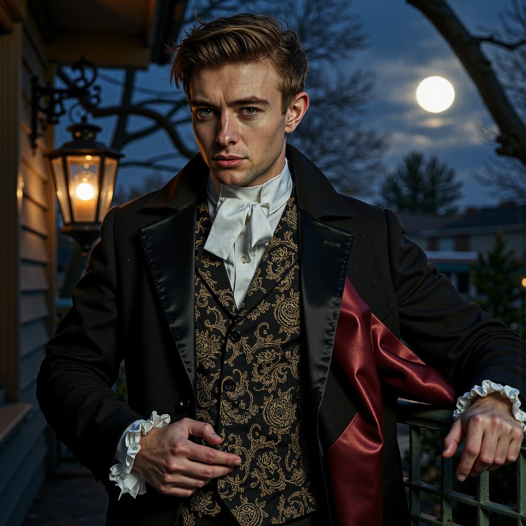 Mid-shot from a slightly low camera angle (50 mm, f/2, ISO 320, 1/160 s), framed so the horizon is below his shoulder line. The main key light is cold moonlight striking from the front-right at a 45° elevation, creating a sharp highlight along the cheekbone and casting a shadow from his nose diagonally toward his ear. A small practical lantern behind him acts as a rim light, catching the edges of his satin cape and illuminating the crimson lining. Slicked-back dark hair reflects the cool key light, while pale powdered skin reveals faint veins at the temple. He wears a black brocade waistcoat with a baroque floral pattern and a stiff pleated cotton shirt. Hand rests naturally on an iron balcony rail, the oxidized green patina rendered sharply thanks to the mid-depth of field — his torso and the railing are in focus, but the full moon and treetop mist behind are softly blurred. Highly detailed, highly realistic, HDR.