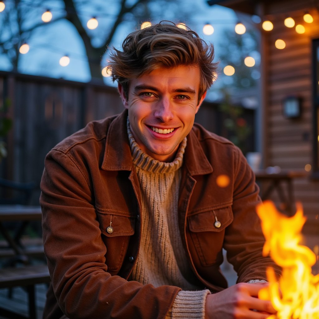 Highly realistic, highly detailed HDR image of a man (male, ~33 yrs) sitting waist-up beside an outdoor fire pit at dusk. Camera slightly above eye level, capturing warm firelight flickering across his face. He wears a suede jacket in dark chestnut layered over a beige knit sweater — both showing tactile texture, small creases, and soft shadows. His hair is short and wavy, faint beard visible. The fire casts orange glow across his right cheek, with cooler blue ambient tones from the evening sky behind. Background softly blurred: faint silhouettes of trees and warm string lights. Light smoke haze adds realism. Details: skin pores, hair fibers, subtle condensation in breath visible. HDR, high resolution, high quality, highly detailed, hyperrealistic photoreal portrait.