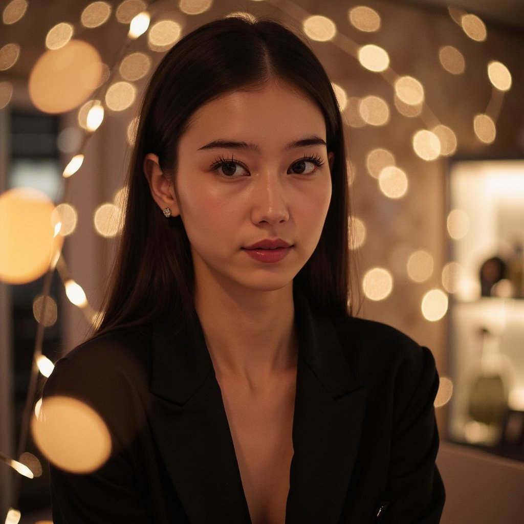 Highly realistic, HDR AI-generated New Year headshot, shoulders-up framing. A person dressed in a classic black New Year party outfit (black dress or black shirt/blazer), confident and polished expression. Hair neatly styled, clean facial details. Soft fireworks glow and festive bokeh lights in the background, slightly blurred. Balanced cinematic lighting that feels celebratory yet professional. Ultra high resolution, timeless New Year celebration image for social sharing.