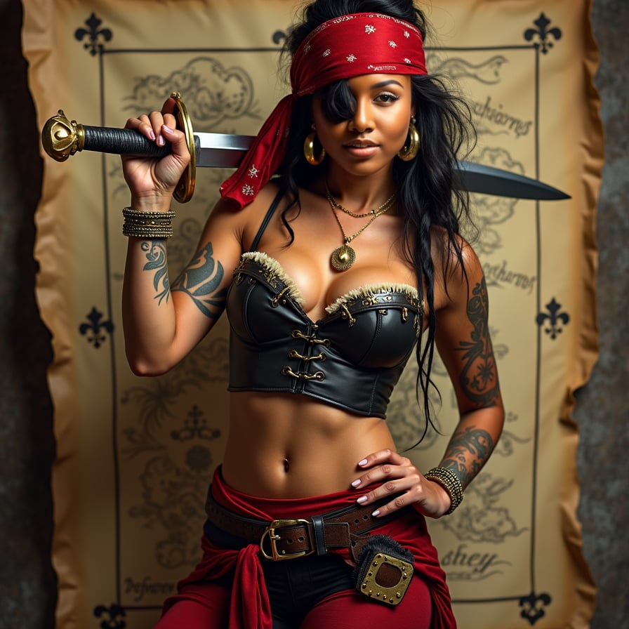 woman in a bold, provocative pirate costume, complete with a fitted corset, flowing pirate pants, and a bandana, posing seductively with a fake sword and a treasure map in the background, capturing the essence of swashbuckling adventure and pirate charm, dramatic lighting with a warm color tone, posing for a poster.